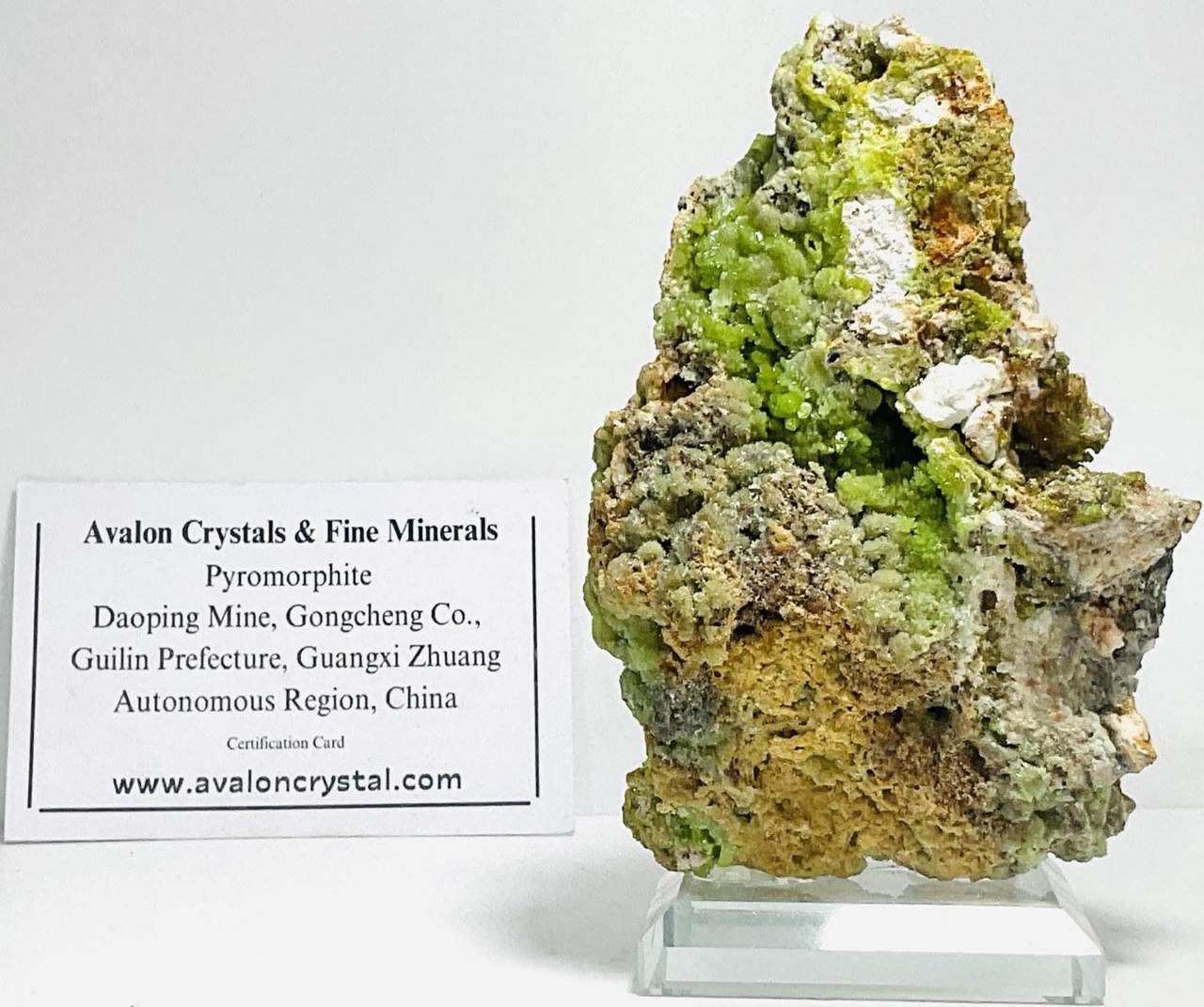 Green crystal specimen with an Avalon provenance card