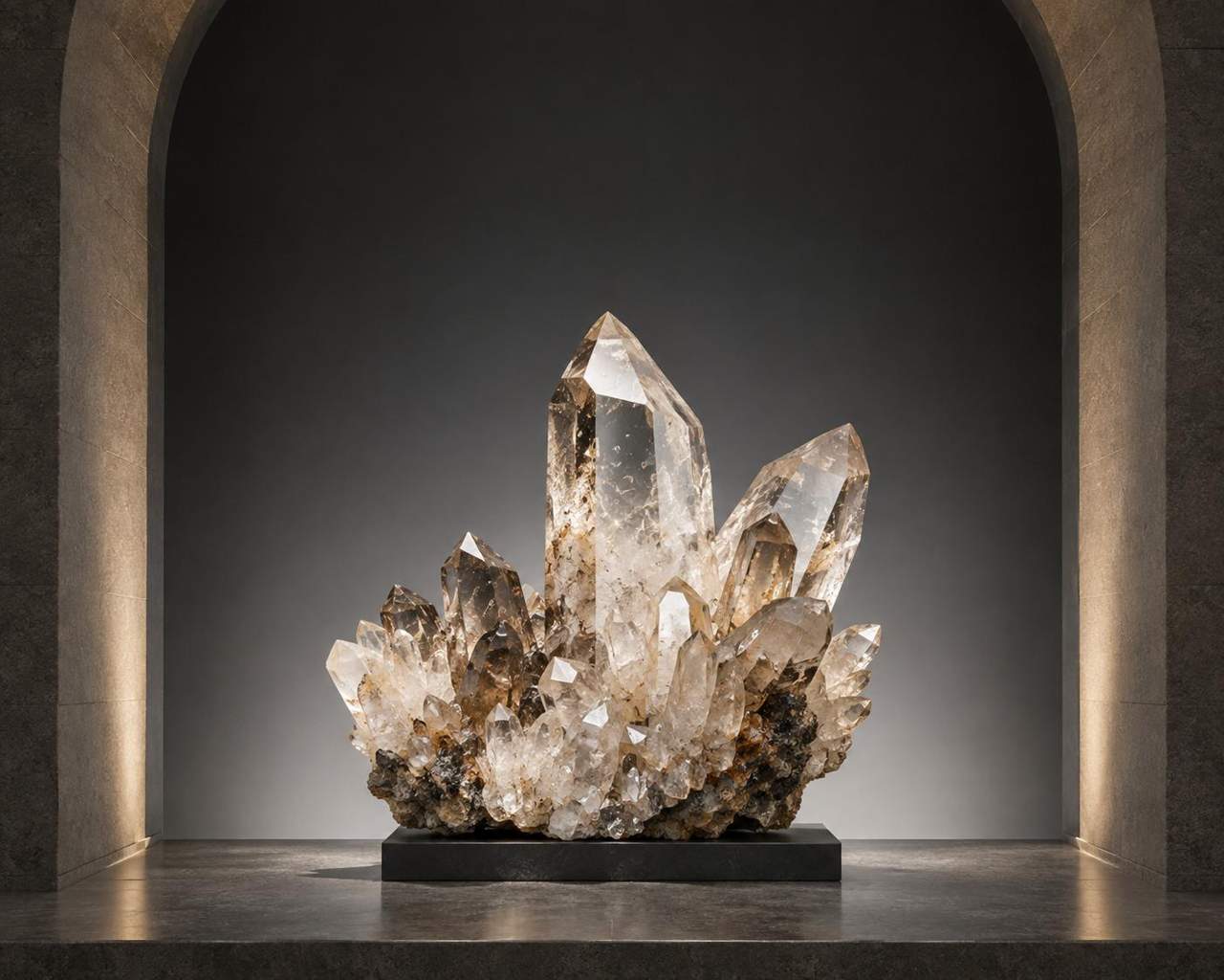 Large natural quartz crystal cluster displayed by Avalon