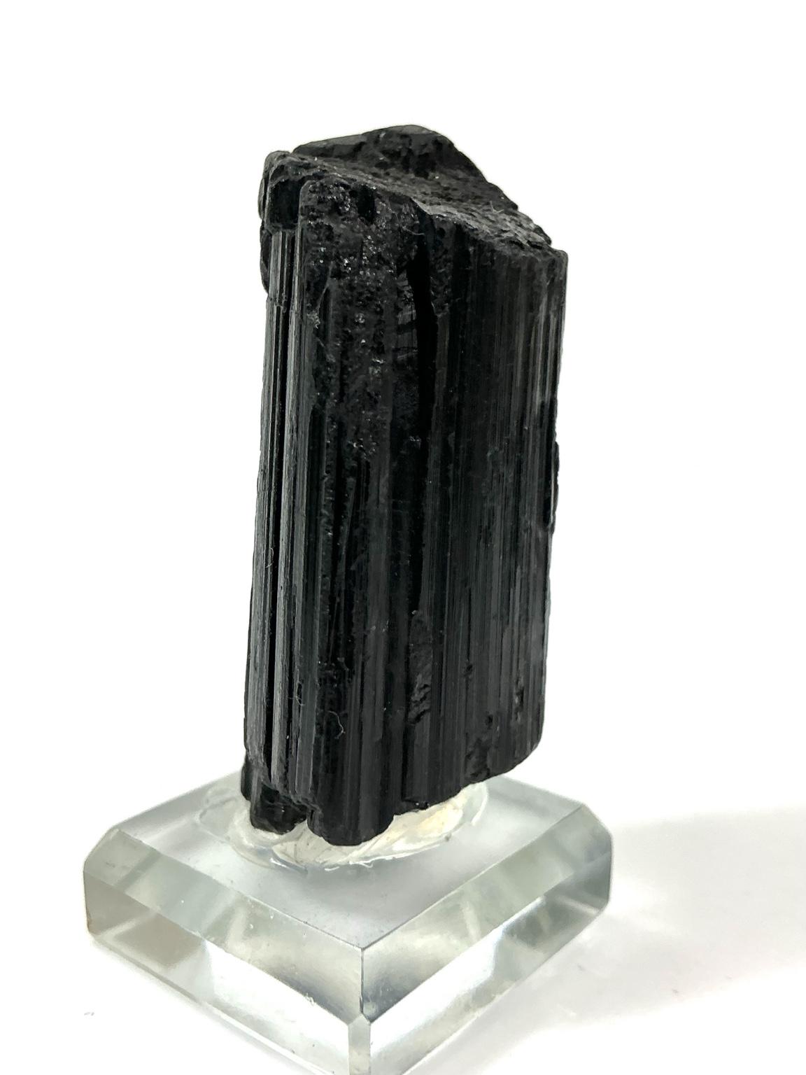 Striated Black Tourmaline crystal on a bevelled glass base from Karibib, Erongo, Namibia