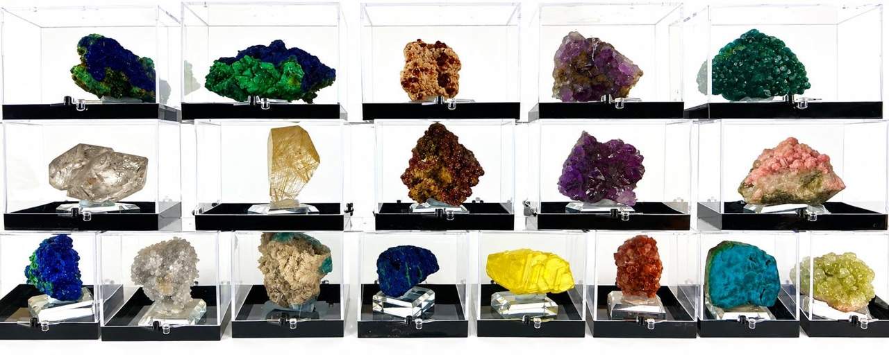 A collection of natural mineral specimens presented in clear thumbnail display boxes