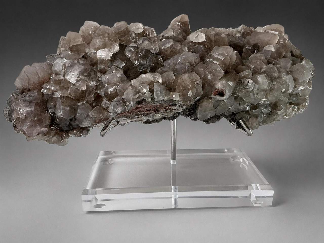 Large grey and champagne Calcite crystal cluster on included acrylic display stand from Daye, China