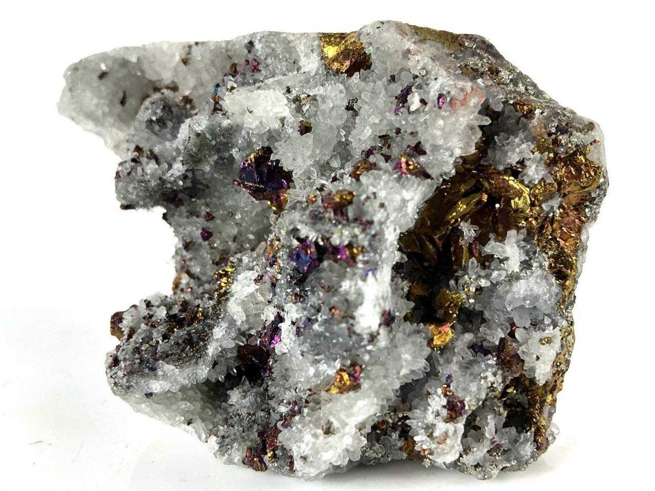 Iridescent Chalcopyrite on white Quartz, Yaogangxian Mine