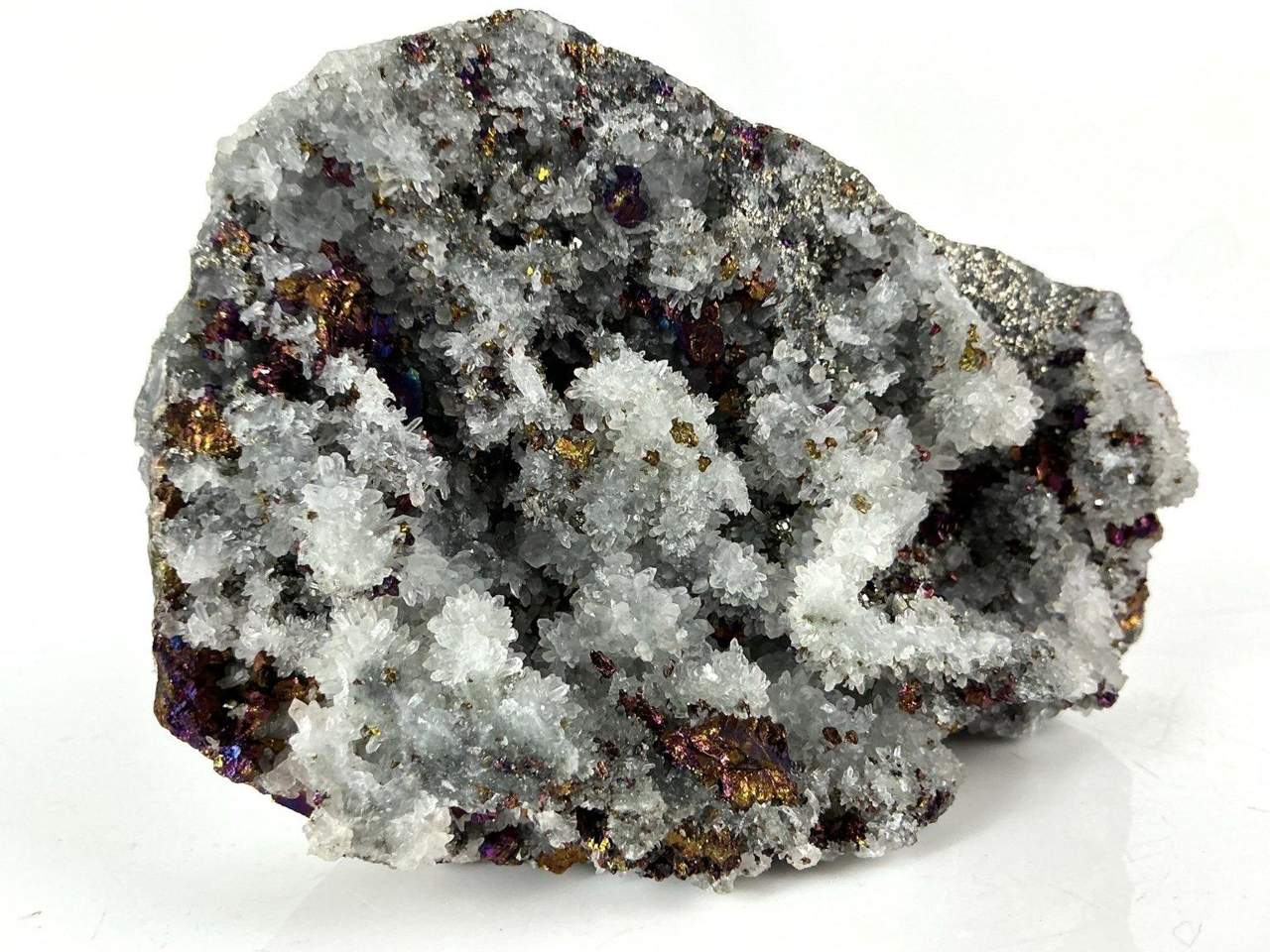 Iridescent Chalcopyrite on white Quartz, Yaogangxian Mine