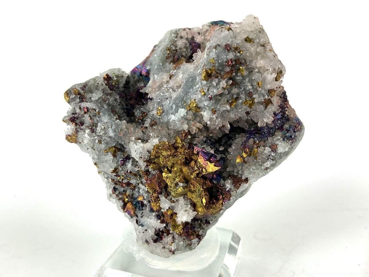 Iridescent Chalcopyrite on white Quartz, Yaogangxian Mine