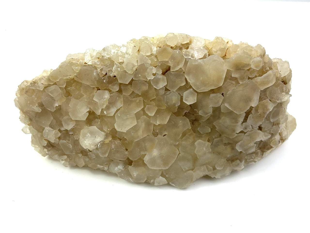 Full view of the honey-cream Calcite crystal cluster personally collected on Crewkerne Hill