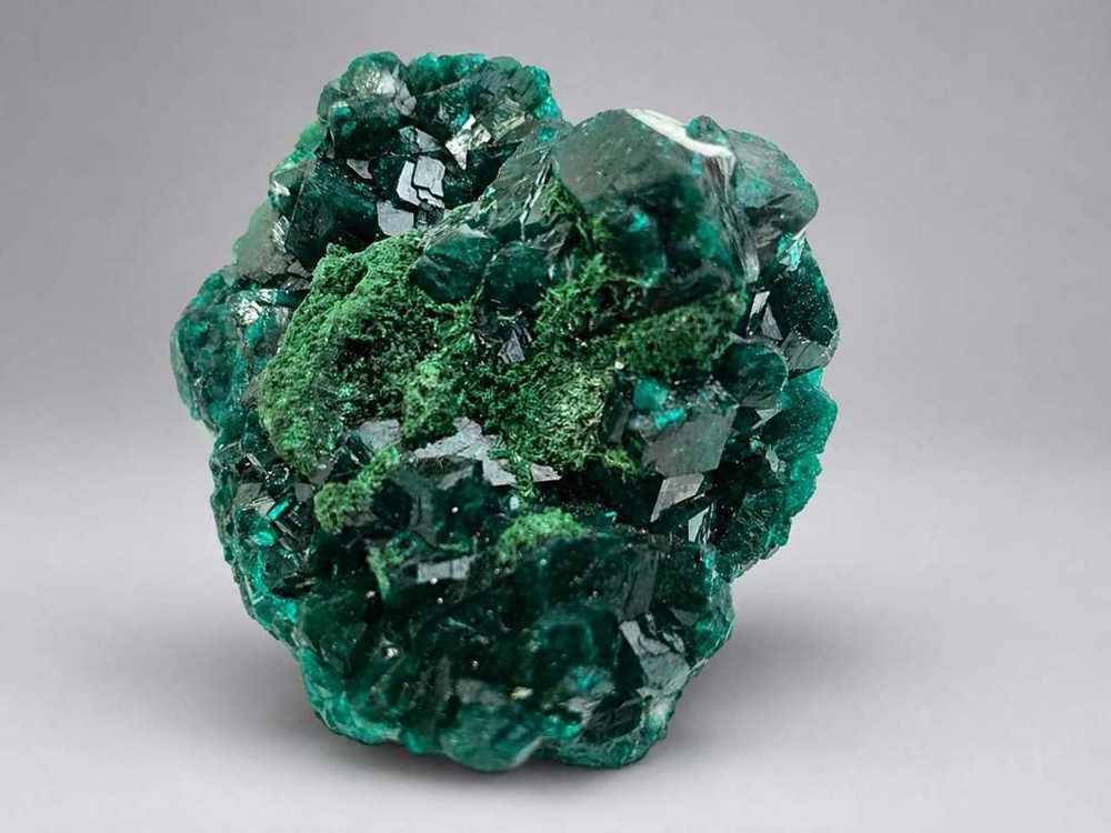Dioptase with Fornacite from Mindouli, Congo, crystal faces and mineral association, view 2