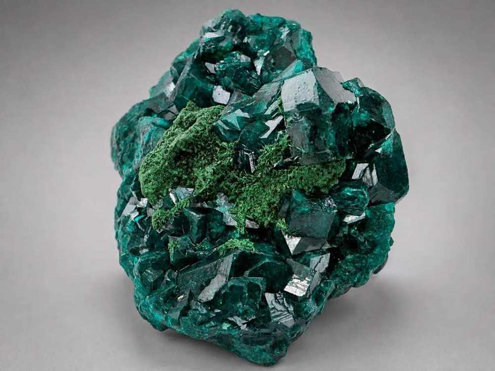 Dioptase with Fornacite from Mindouli, Congo, crystal faces and mineral association, view 3