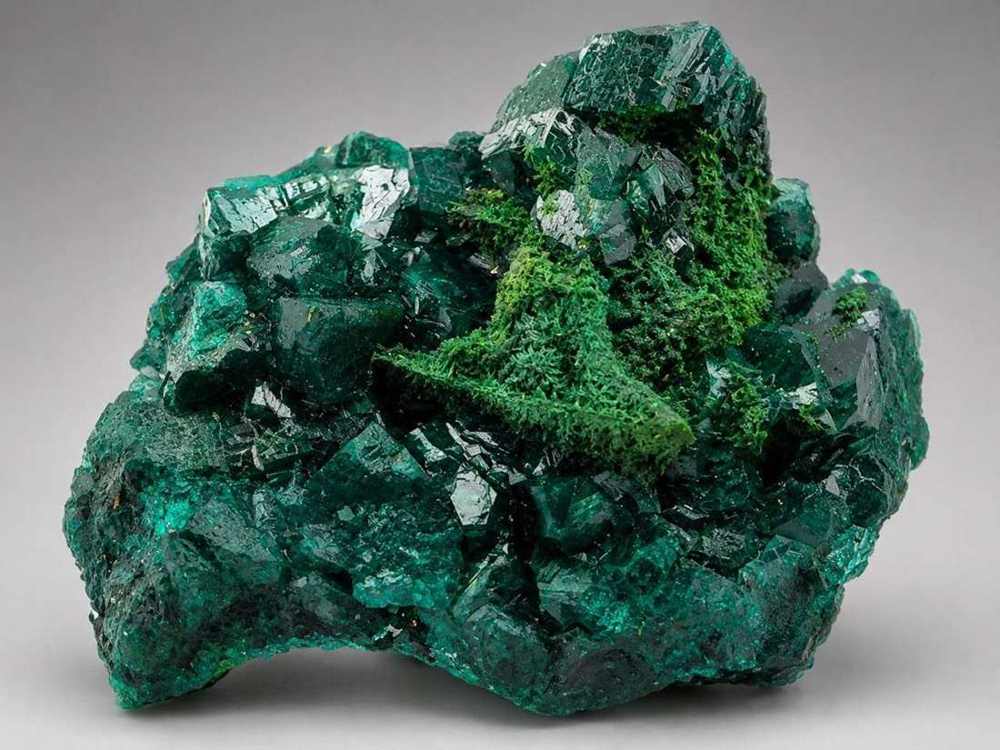 Dioptase with Fornacite from Mindouli, Congo, crystal faces and mineral association, view 5