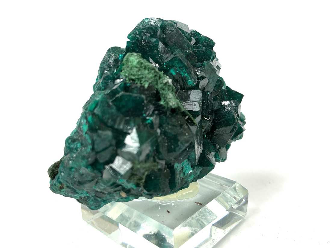 Dioptase with Fornacite from Mindouli, Congo, crystal faces and mineral association, view 3