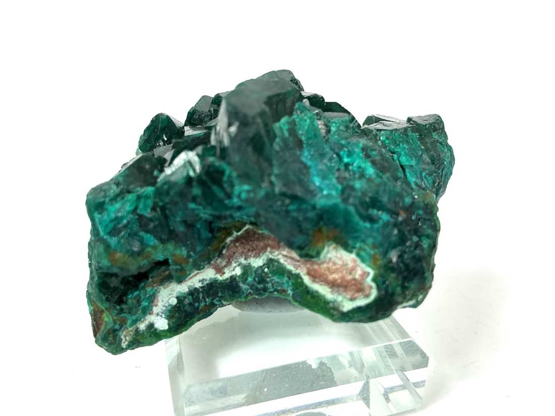 Dioptase with Fornacite from Mindouli, Congo, crystal faces and mineral association, view 3
