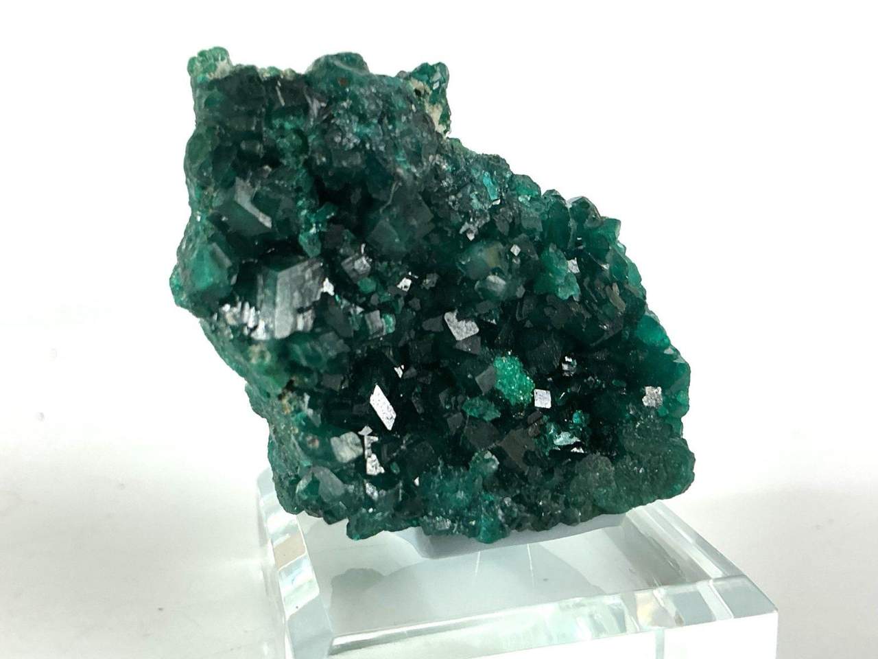 Emerald-green Dioptase crystal specimen from N’tola Mine, Mindouli