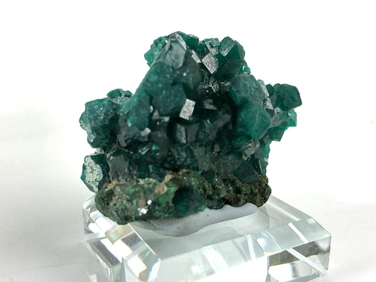 Emerald-green Dioptase crystal specimen from N’tola Mine, Mindouli