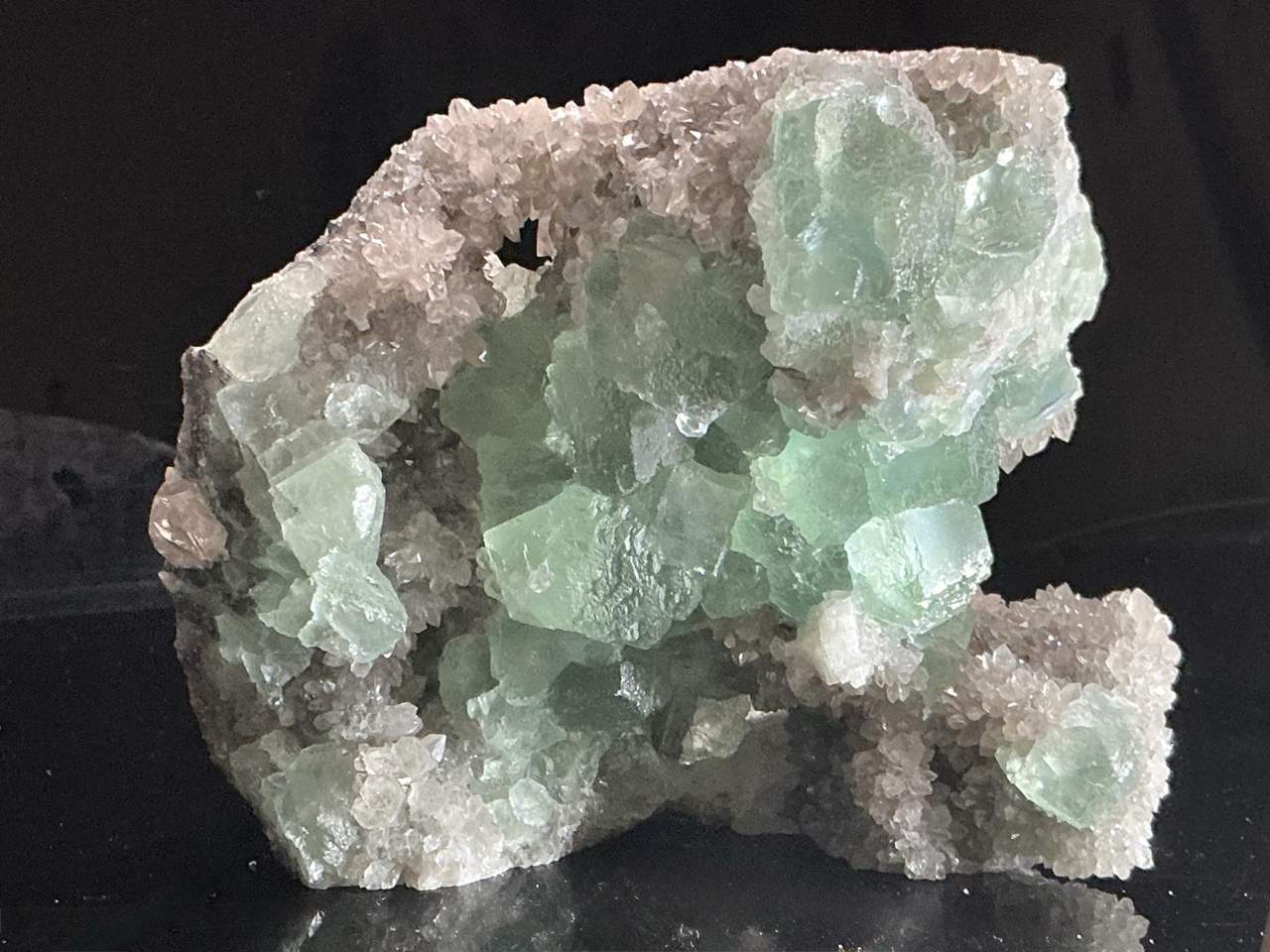 Pale green Fluorite crystals on sparkling Quartz from Yizhang County