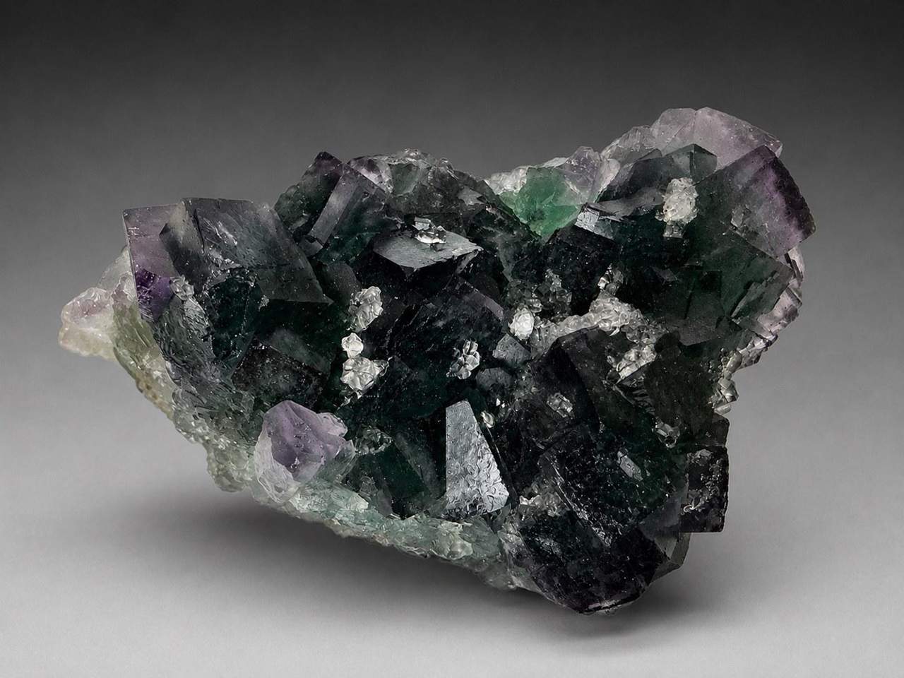 Deep green and purple-zoned Fluorite cubes on Quartz-rich matrix, attributed to Yaogangxian Mine, China
