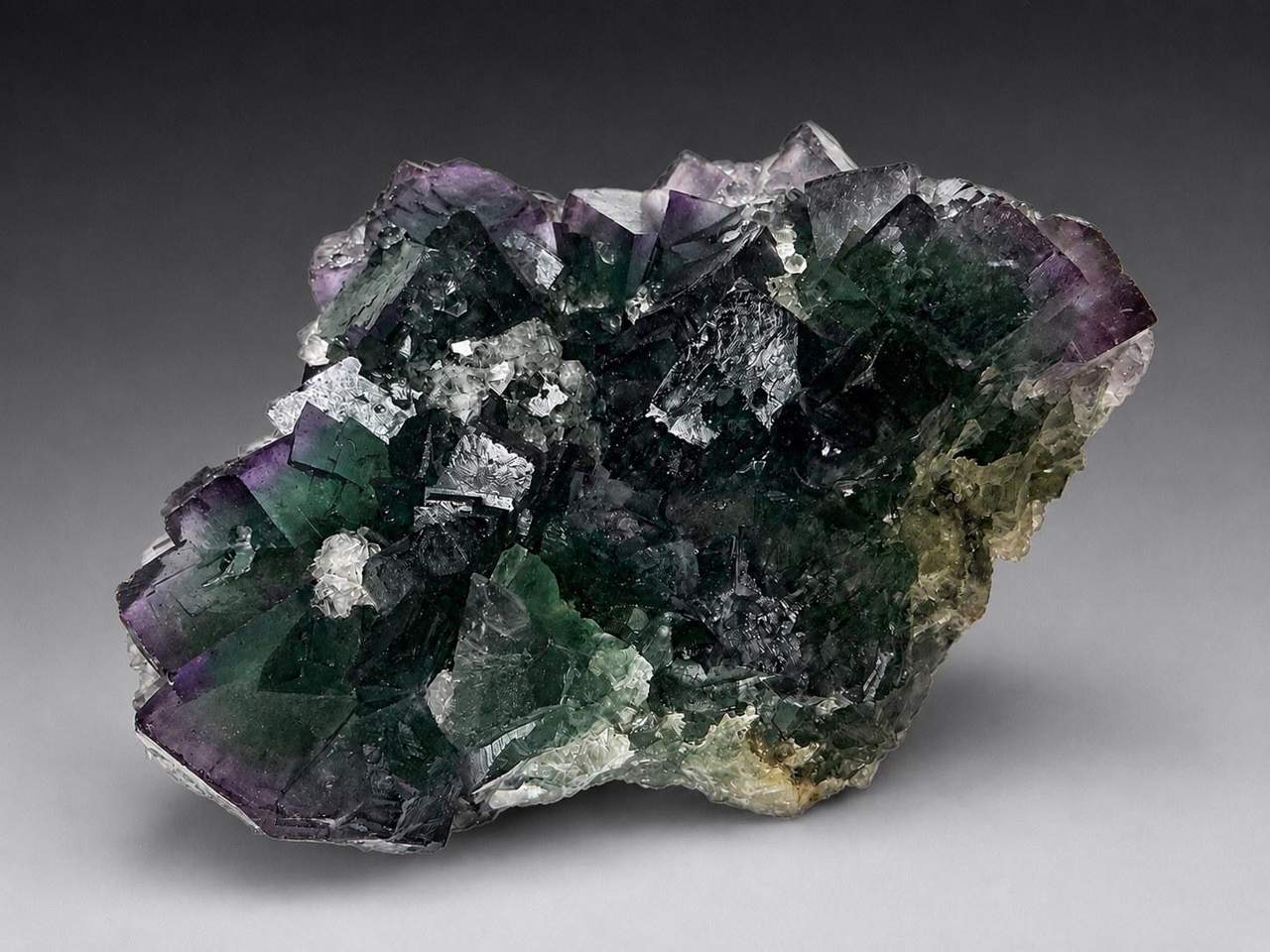2 of 6: green and purple cubic Fluorite on pale Quartz-rich matrix
