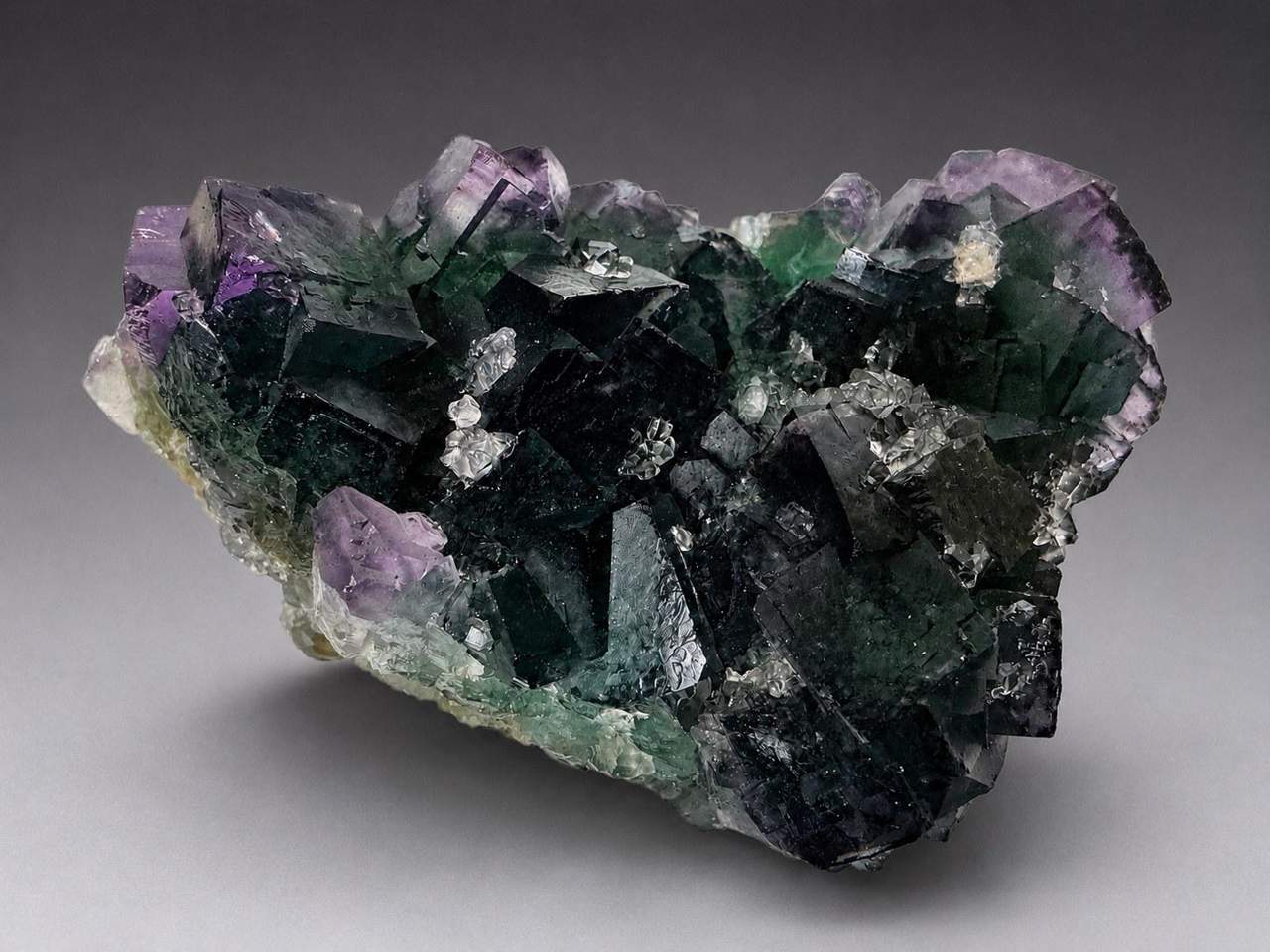5 of 6: green and purple cubic Fluorite on pale Quartz-rich matrix