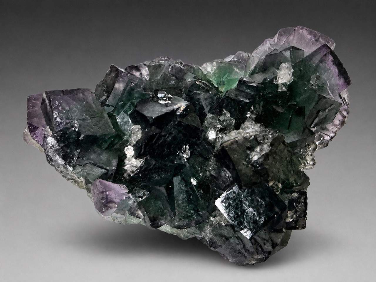 6 of 6: green and purple cubic Fluorite on pale Quartz-rich matrix