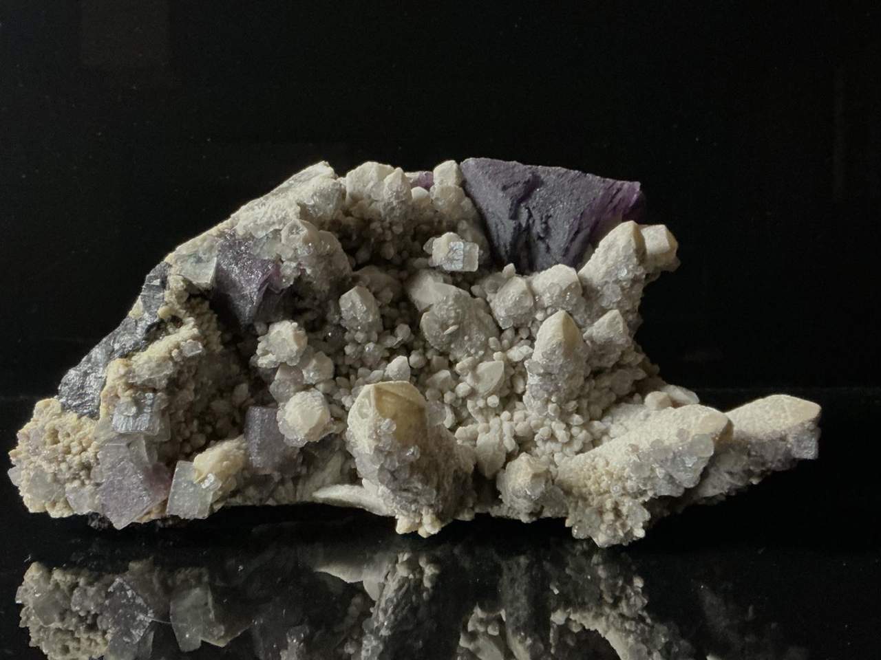Purple Fluorite with candle Quartz, Calcite and Sphalerite from Huanggangliang Mine, China