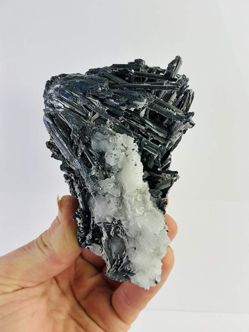 Lustrous metallic Stibnite blades with pale Dolomite, Qinglong Mine, 714 g