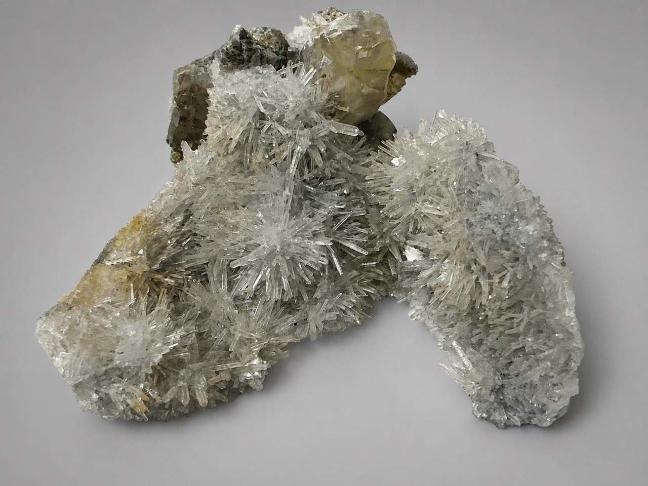Branching Needle Quartz sprays with pale honey Calcite from Sichuan, China