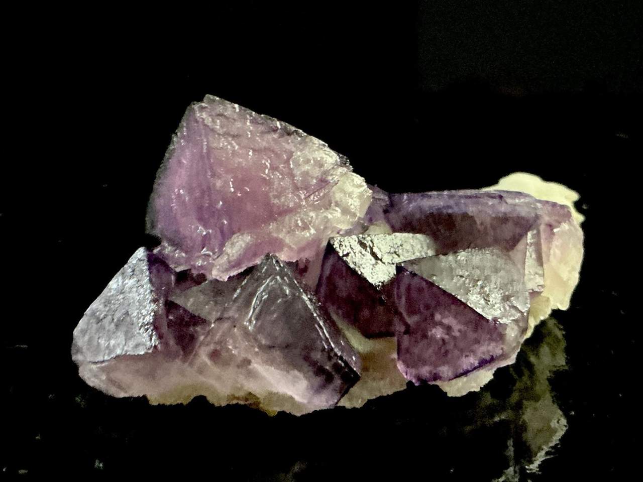Purple Octahedral Fluorite on Banded Quartz-Calcite, view 2 of 3