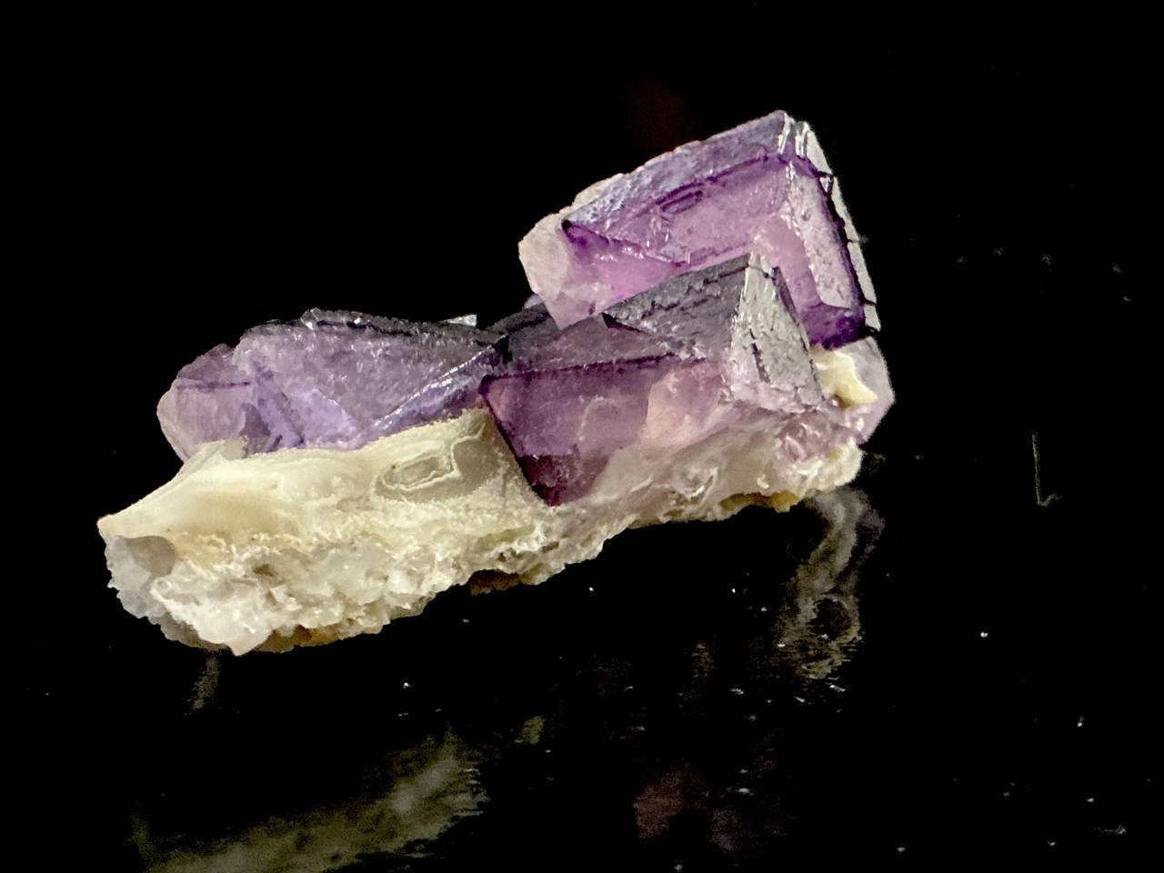 Purple Octahedral Fluorite on Banded Quartz-Calcite, view 3 of 3