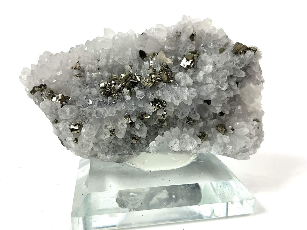 Pyrite with Quartz & Chalcopyrite · Huanzala, display face