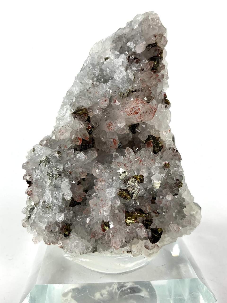 Quartz with red Hematite flecks and brassy Pyrite from Fengjiashan Mine