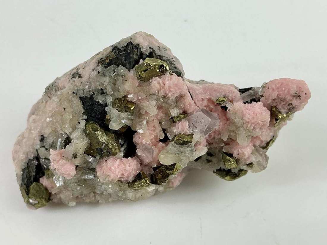 Rhodochrosite with Chalcopyrite, Sphalerite, Quartz & Stilbite · Sold from Starnitsa Deposit, Davidkovo Ore Field, Banite, Smolyan Province, Bulgaria