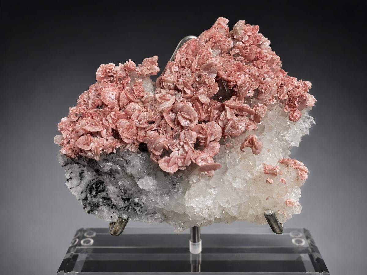 Pink Rhodochrosite rosettes on white Quartz, front view on a display stand