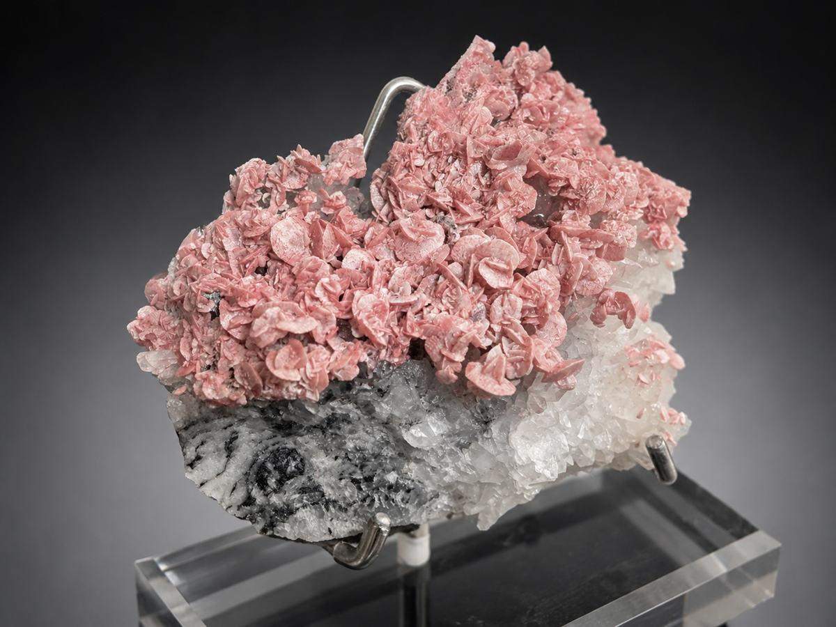 Rhodochrosite rosettes on Quartz, view 2 of 3