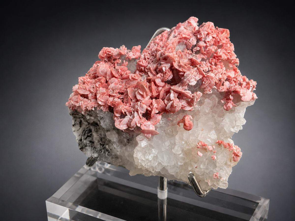 Rhodochrosite rosettes on Quartz, view 3 of 3