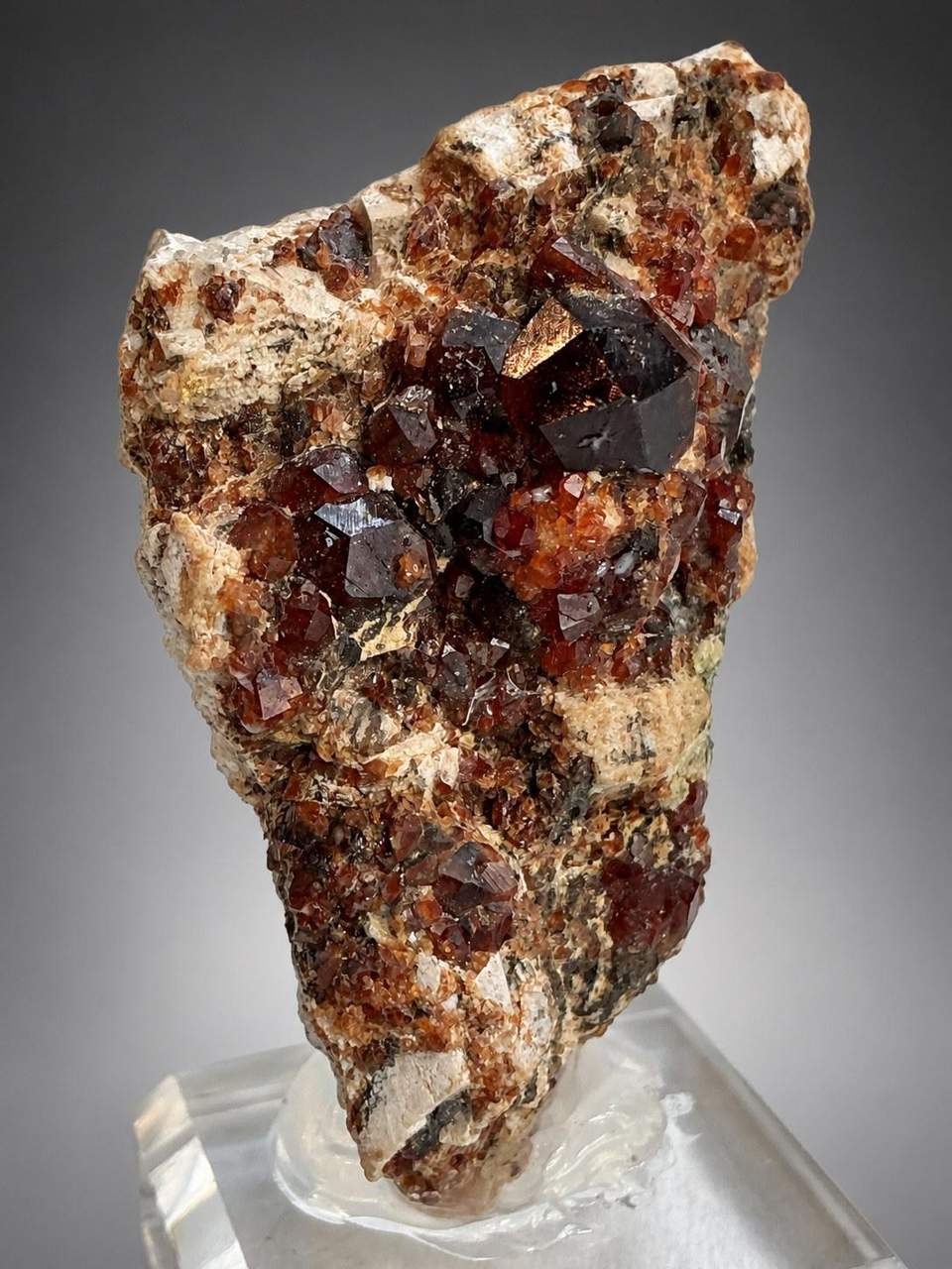 Orange Spessartine Garnet crystals on pale Feldspar