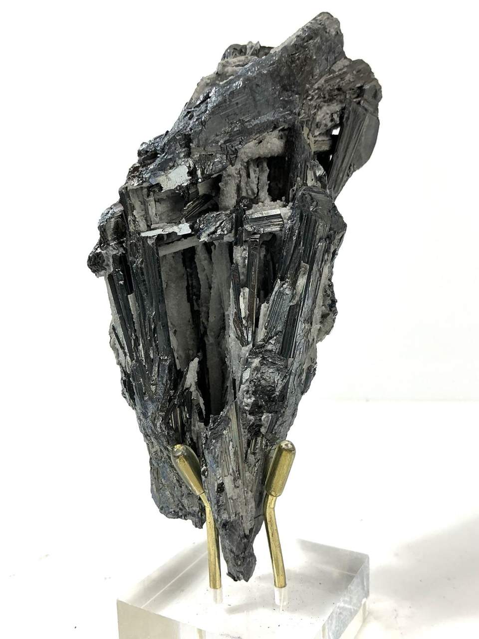 Stibnite blades with Dolomite, 290 g Qinglong specimen, metallic display face