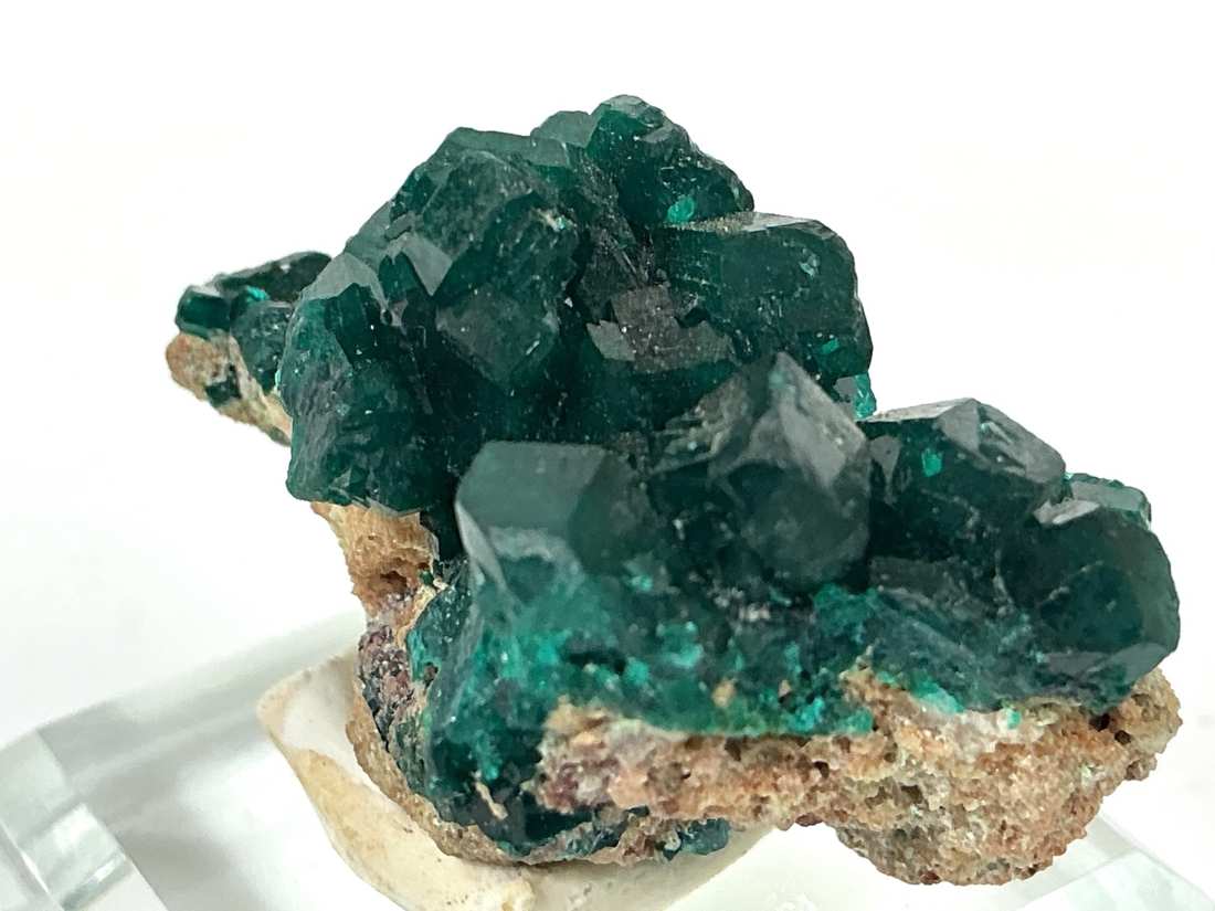 Dioptase on Matrix from Mindouli, Congo, crystal faces and mineral association, view 2