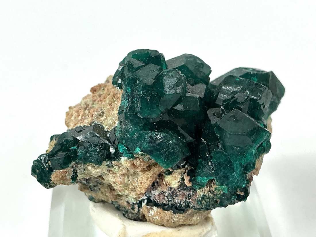 Dioptase on Matrix from Mindouli, Congo, crystal faces and mineral association, view 3