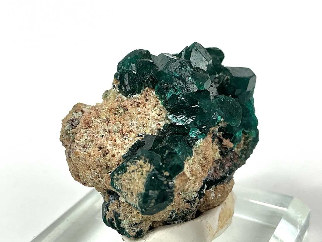 Dioptase on Matrix from Mindouli, Congo, crystal faces and mineral association, view 4