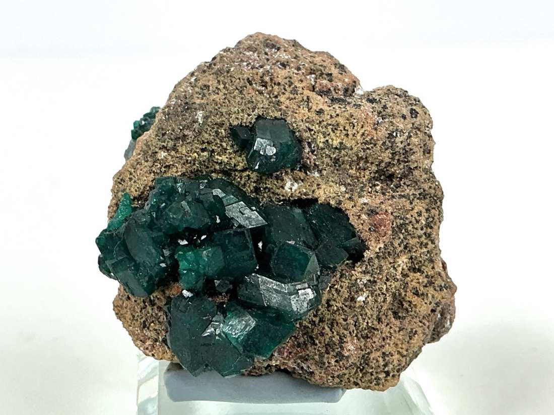 Dioptase with Fornacite from Mindouli, Congo, crystal faces and mineral association, view 2