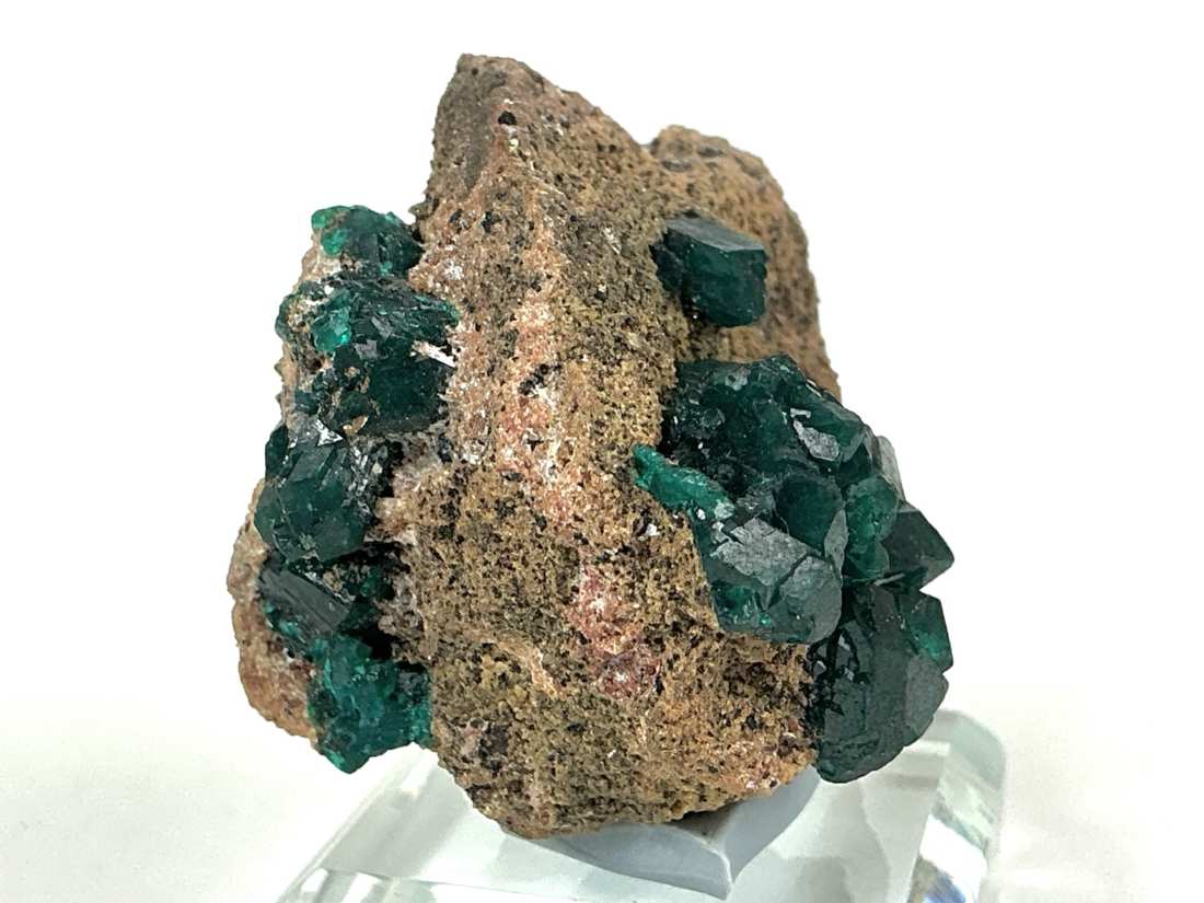 Dioptase with Fornacite from Mindouli, Congo, crystal faces and mineral association, view 3