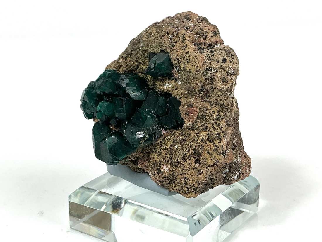 Dioptase with Fornacite from Mindouli, Congo, crystal faces and mineral association, view 4