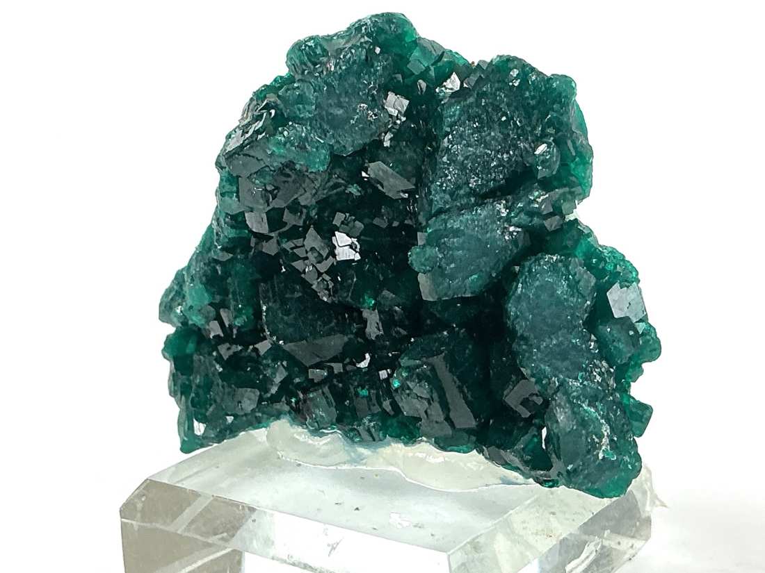Dioptase with Fornacite from Mindouli, Congo, crystal faces and mineral association, view 3